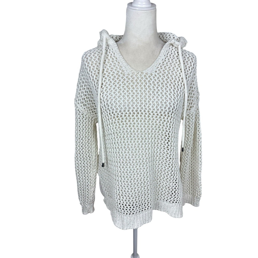 Joie Sweater Womens Size S Cream Crochet Hoodie Boho Metallic Coverup Beachwear‎ - Picture 9 of 10